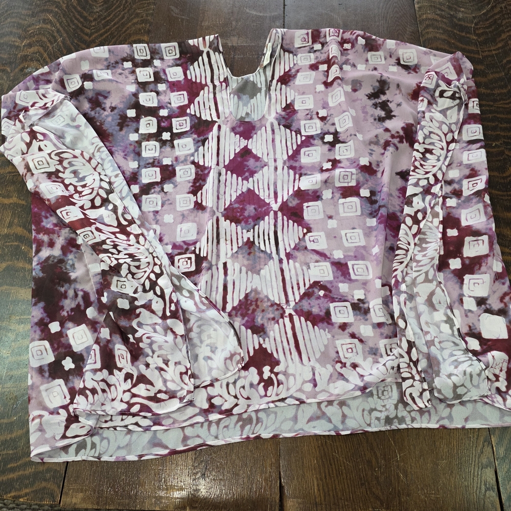 Soft Surroundings Purple/White Geo Sheer boho-style coverup/blouse/poncho Sz S/M